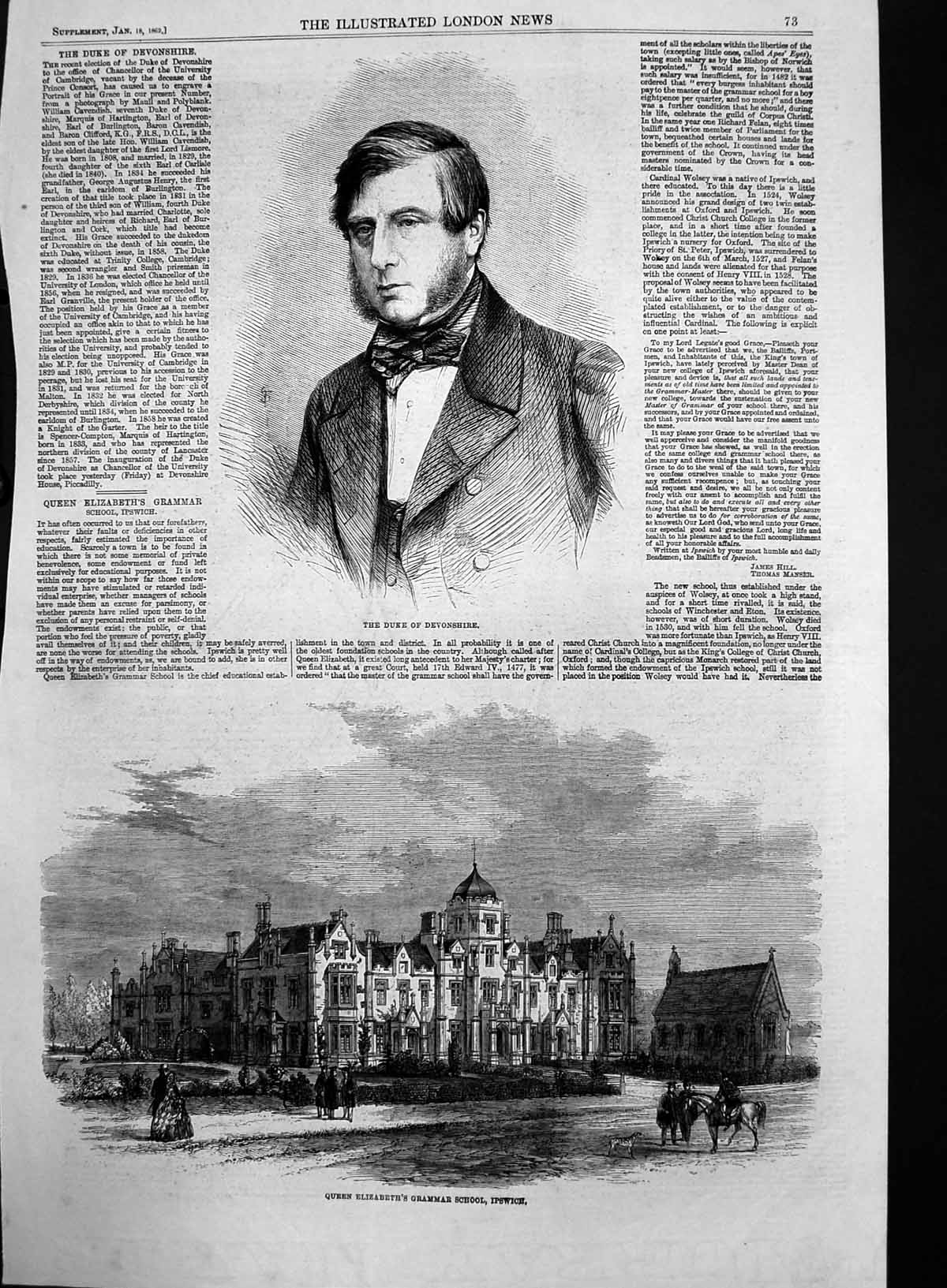 Antique Old Print Queen Elizabeths Grammar School Ipswich Duke Devonshir1862