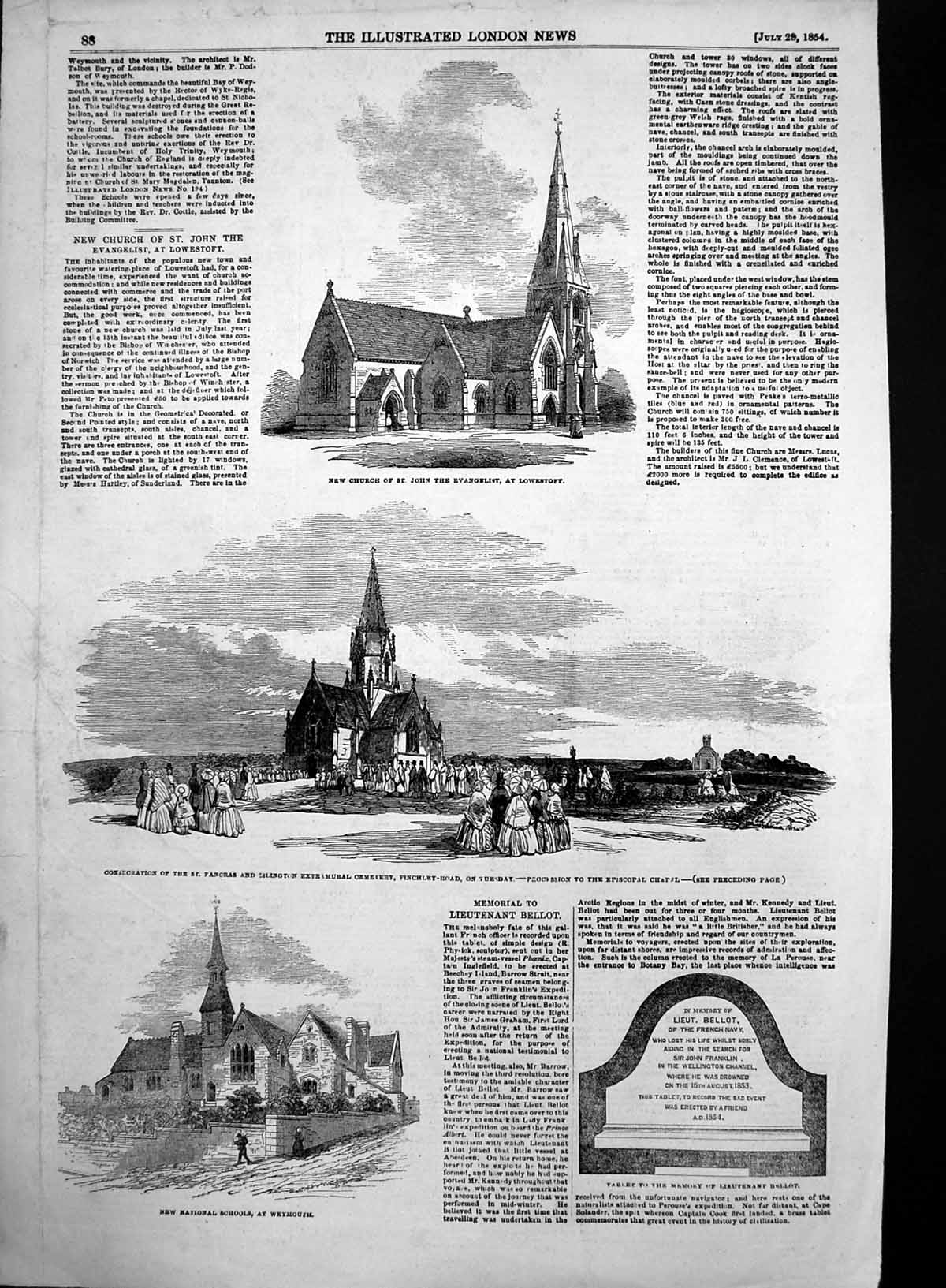 Old Antique Print New National Schools Weymouth New Church Lowestoft 1854 19th