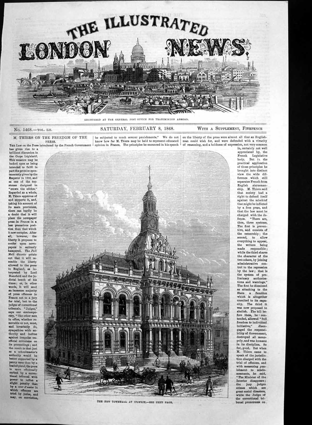 Original Old Antique Print New Town Hall Ipswich Cornhill King Street 1868 19th