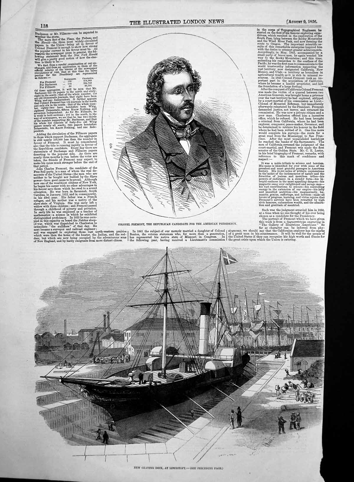 Old Antique Print New Graving Dock Lowestoft Col Fremont Republican 1856 19th