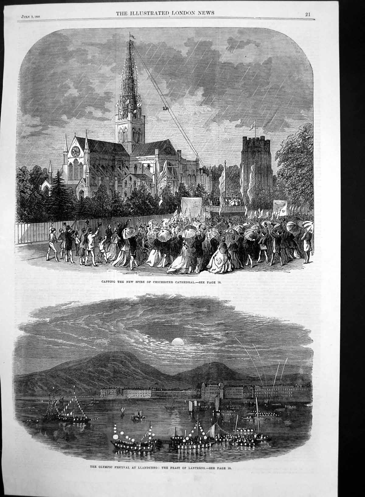 Antique Old Print Spire Chichester Cathedral Olympic Festival Llandudno 1866