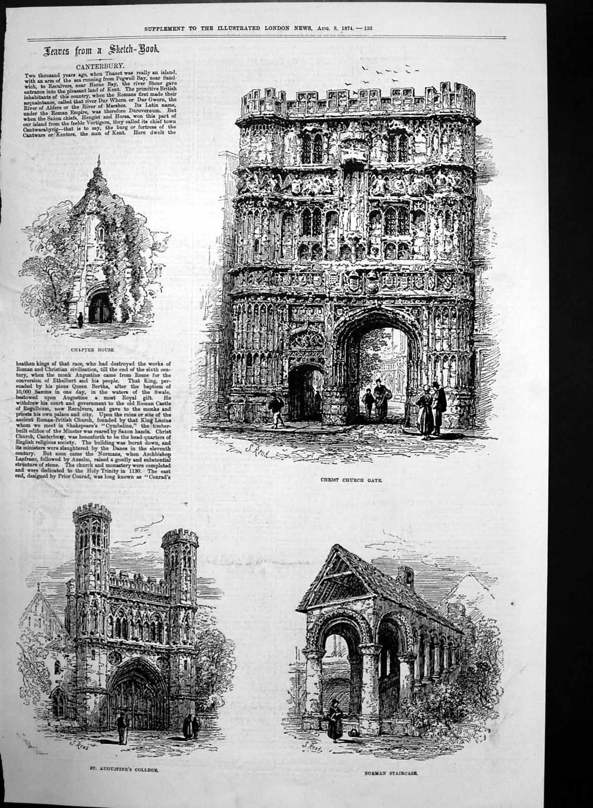 Old Antique Print Canterbury Chapter House Norman Staircase College 1874 19th