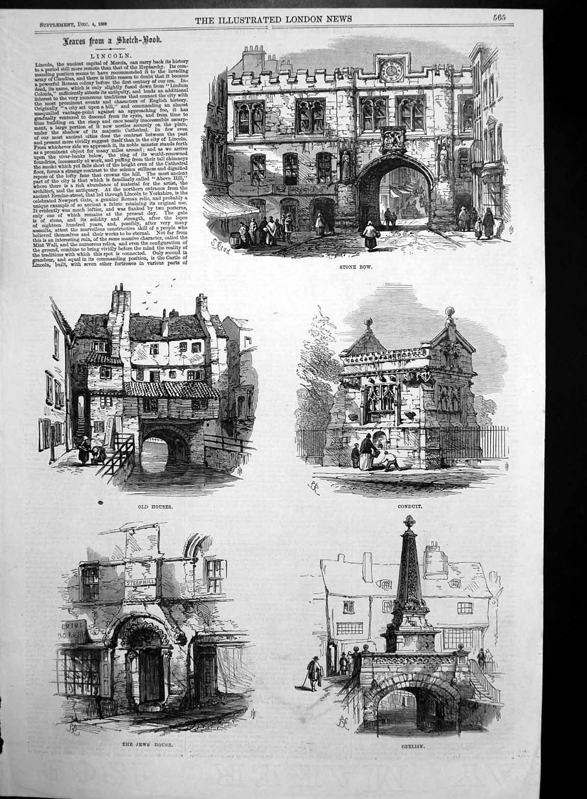 Original Old Antique Print Lincoln Obelisk Conduit Stone Bow Houses Jews 1869