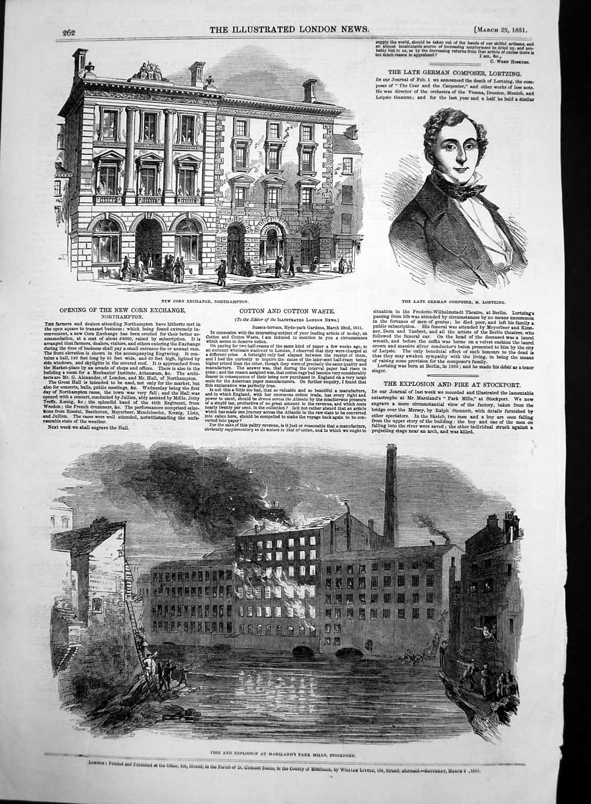 Old Antique Print Fire Marslands Park Mills Stockport Corn Exchange 1851 19th