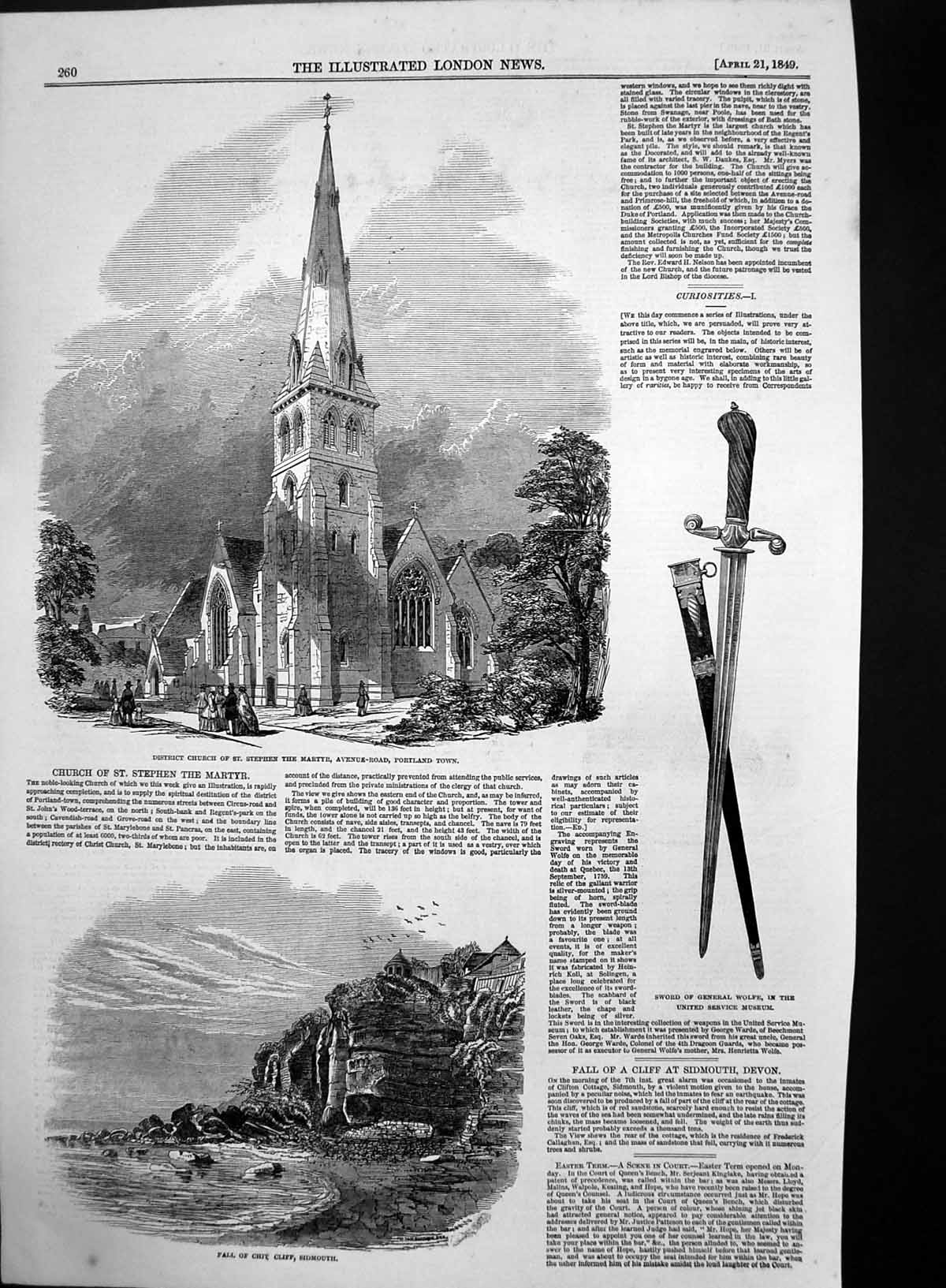 Antique Old Print Chit Cliff Sidmouth St Stephen Martyr Church Portland 1849