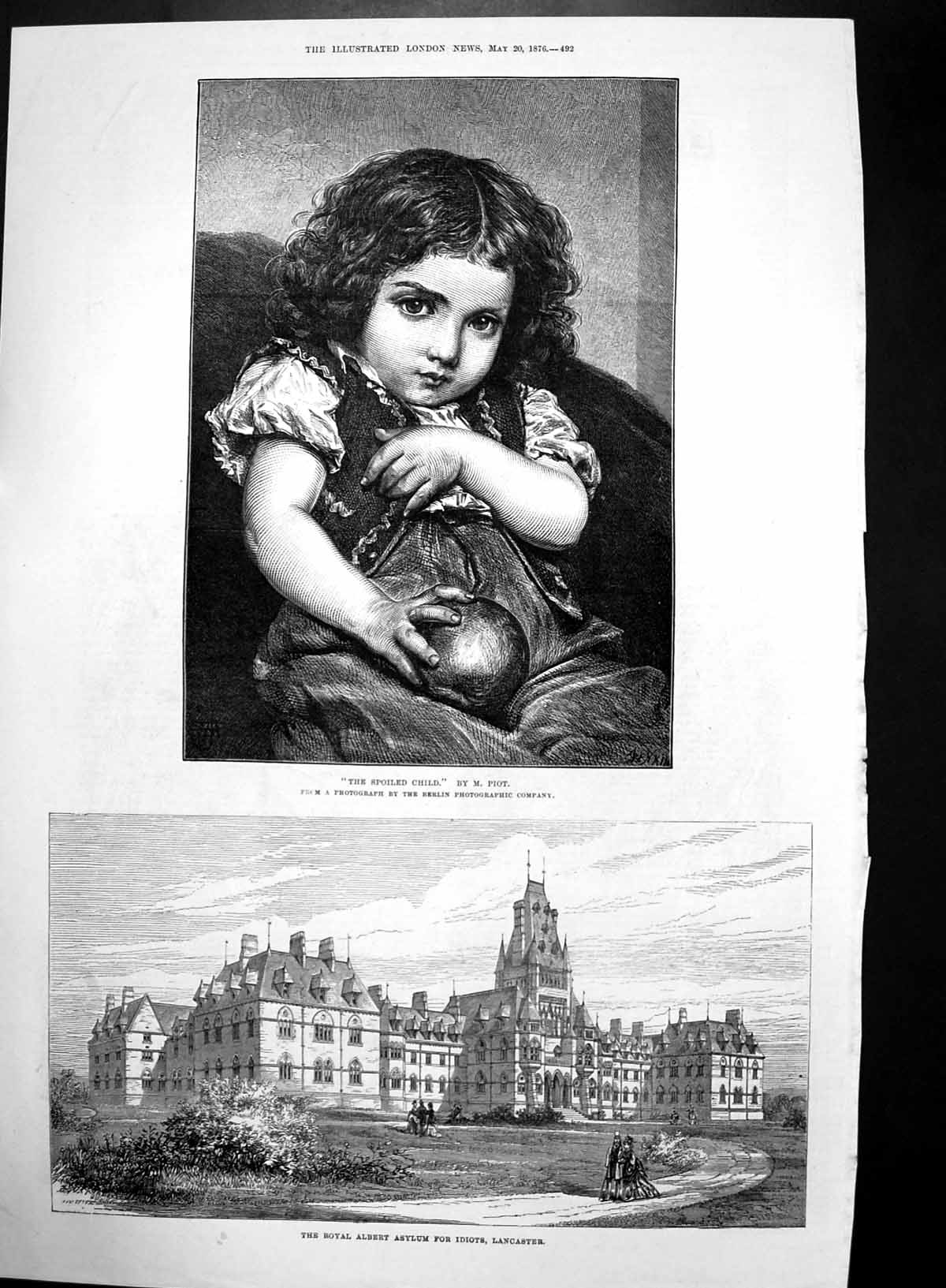 Old Print Spoiled Child M Piot Royal Albert Asylum Idiots Lancaster 1876 19th