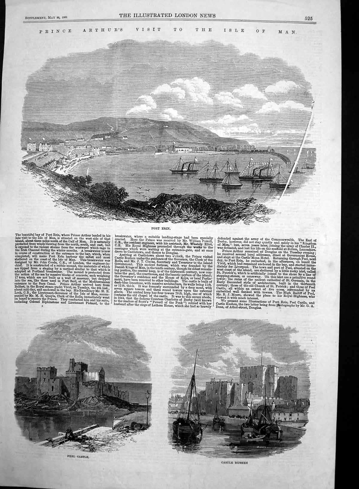 Original Old Antique Print Port Erin Peel Castle Castle Rushen Isle Man 1869