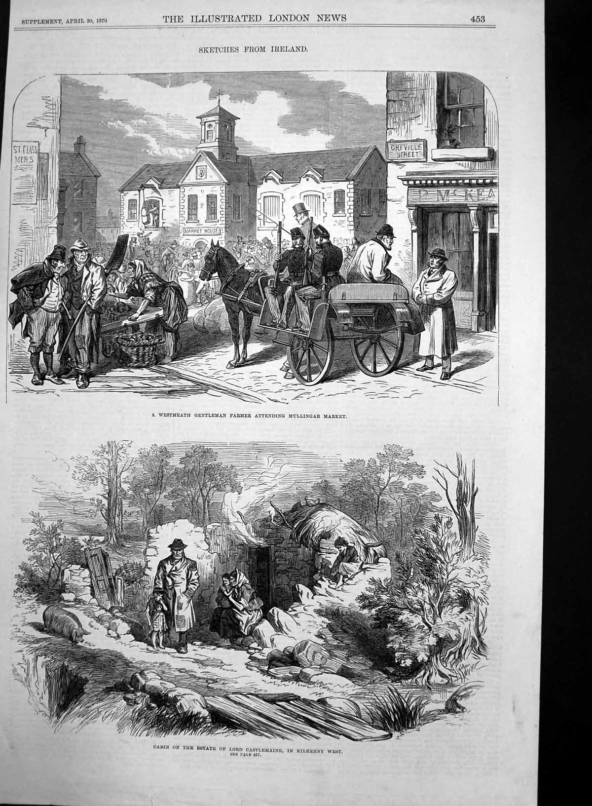 Antique Print Cabin Lord Castlemaine Estate Kilkenny Mullingar Market 1870 19th