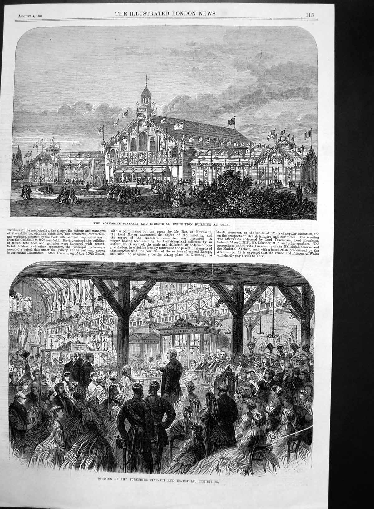 Old Antique Print Opening Yorkshire Fine Art Industrial Exhibition 1866 19th