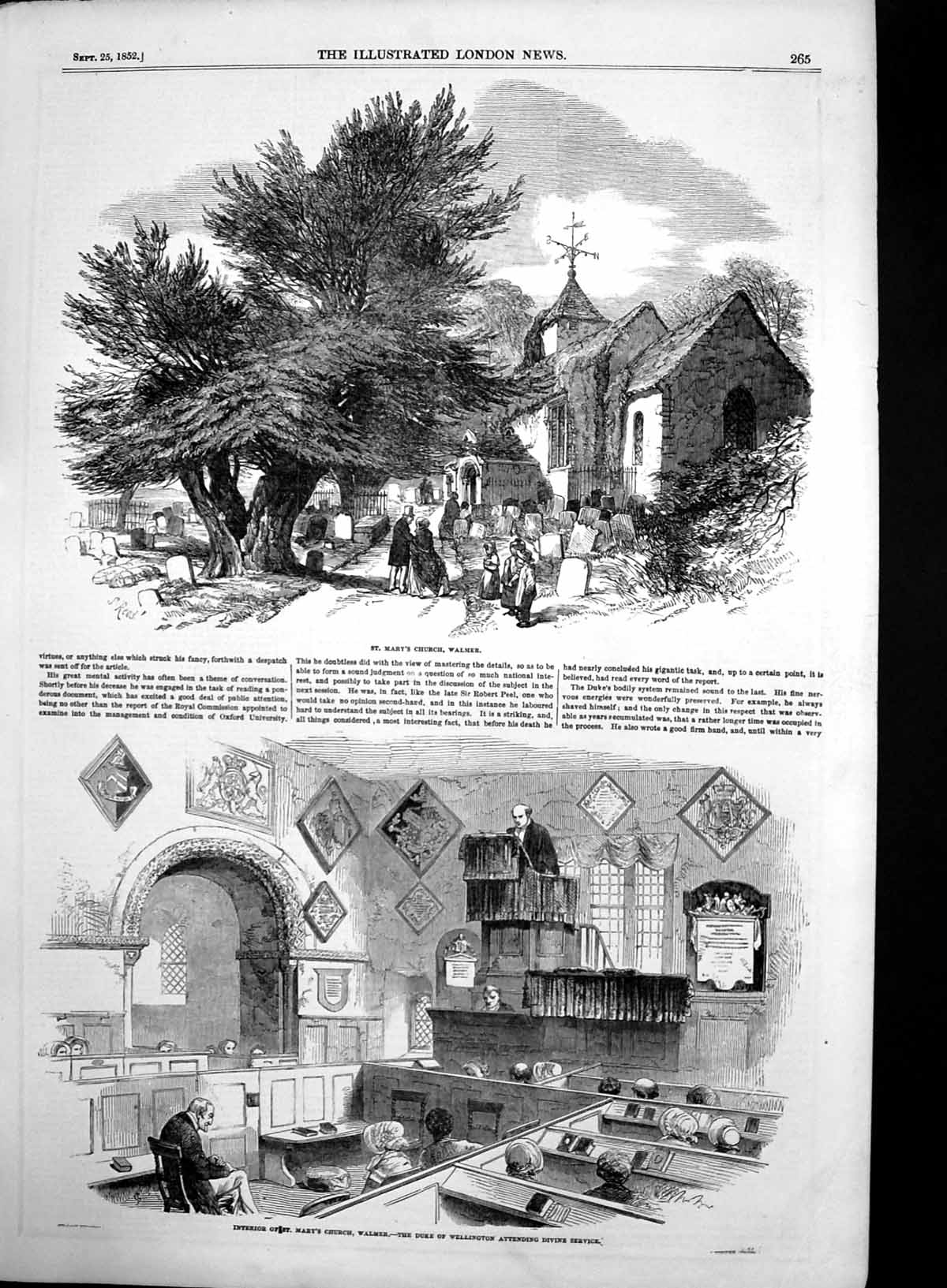 Old Antique Print St Marys Church Walmer Duke Wellington Attending 1852 19th
