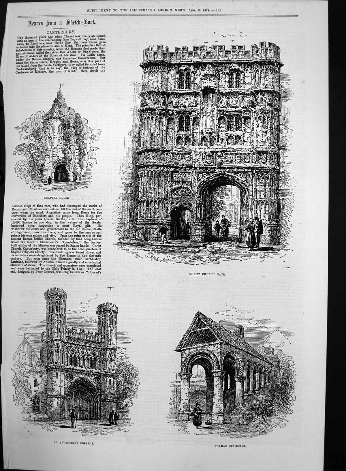 Antique Old Print Canterbury St Augustines College Christ Church Gate 1874 19th