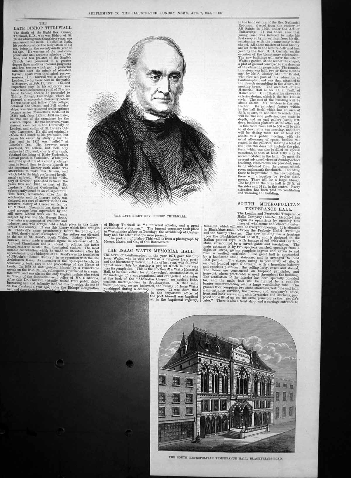 Original Old Antique Print Late Bishop Thirlwall Metro Temperance Hall 1875
