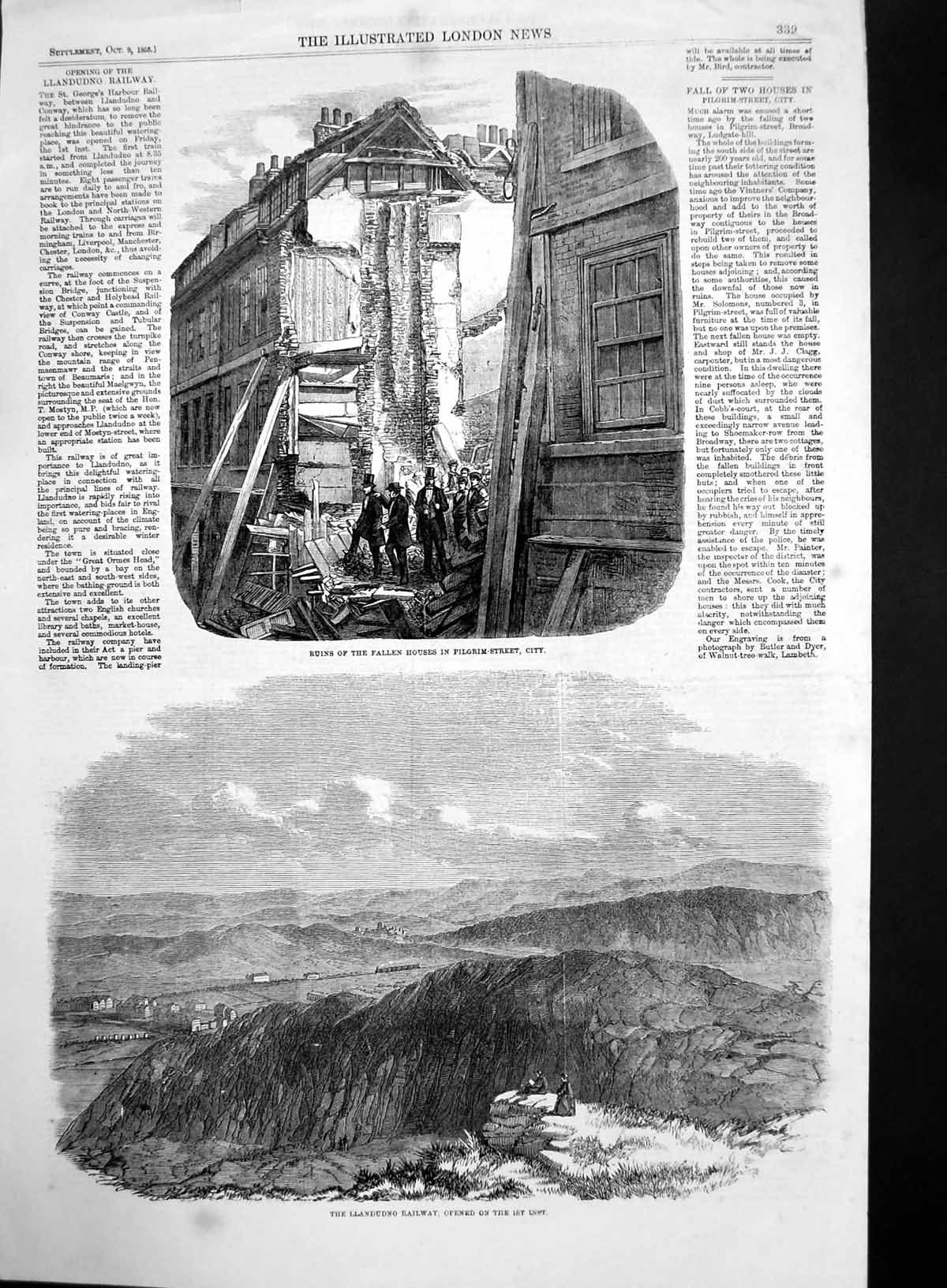 Original Old Antique Print Llandudno Railway Ruins Houses Pilgrim St City 1858