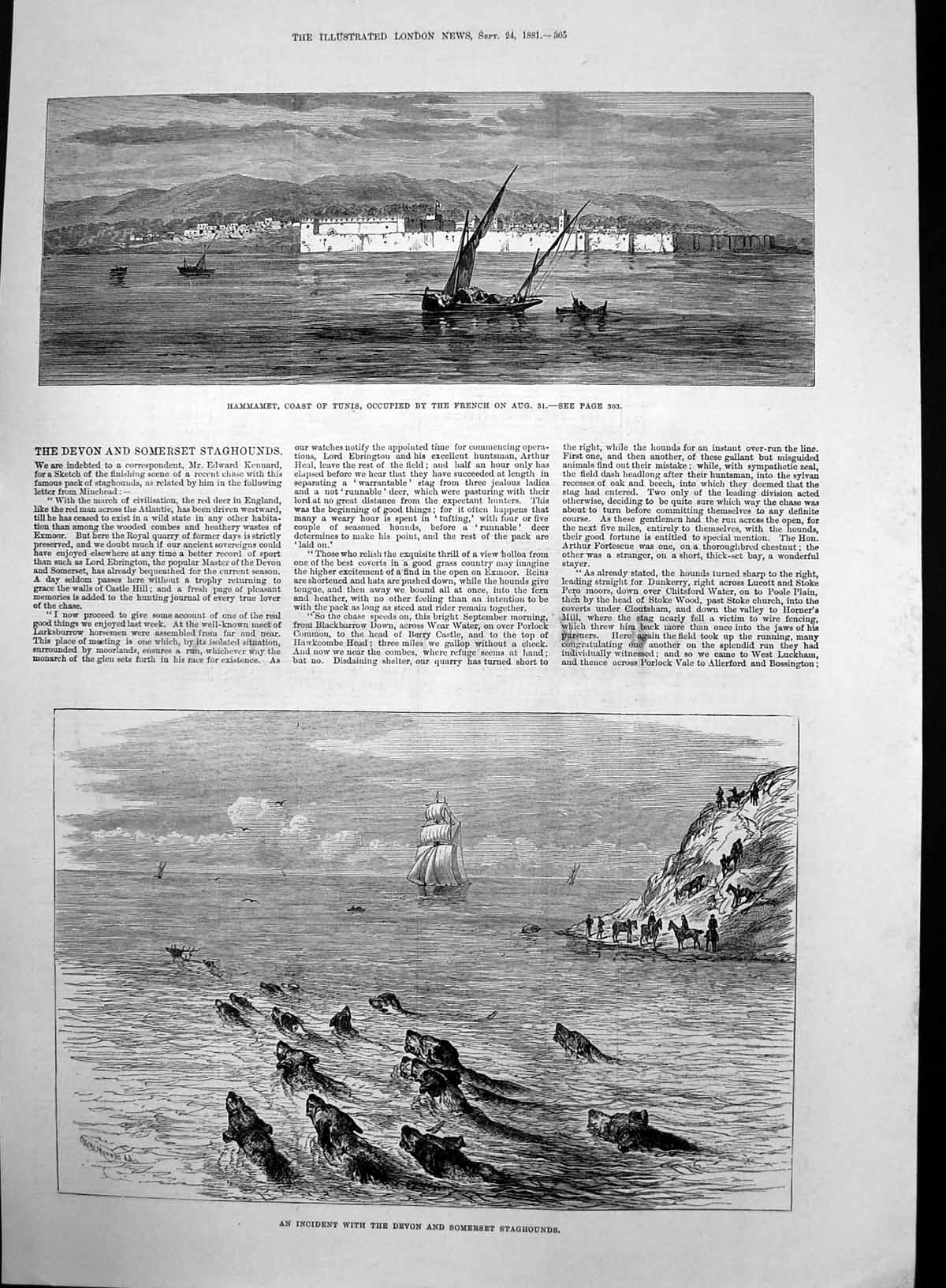 Original Old Antique Print Devon Somerset Staghounds Hammamet Tunis Coast 1881