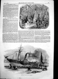 Antique Old Print Winter Garden Paris Shannon Steamer On Fire Plymouth 1846