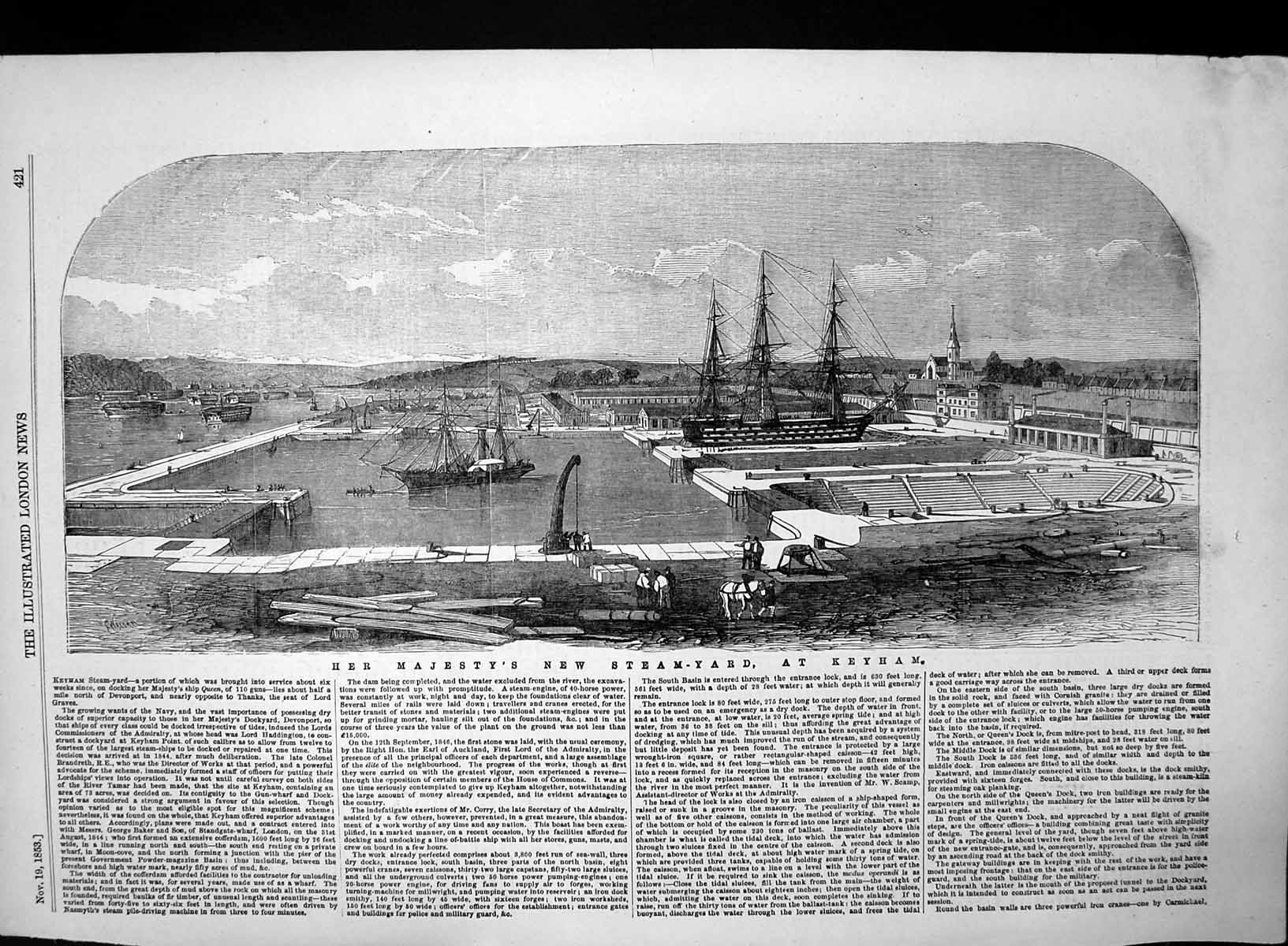 Original Old Antique Print Her Majestys New Steam Yard Keyham 1853 Victorian
