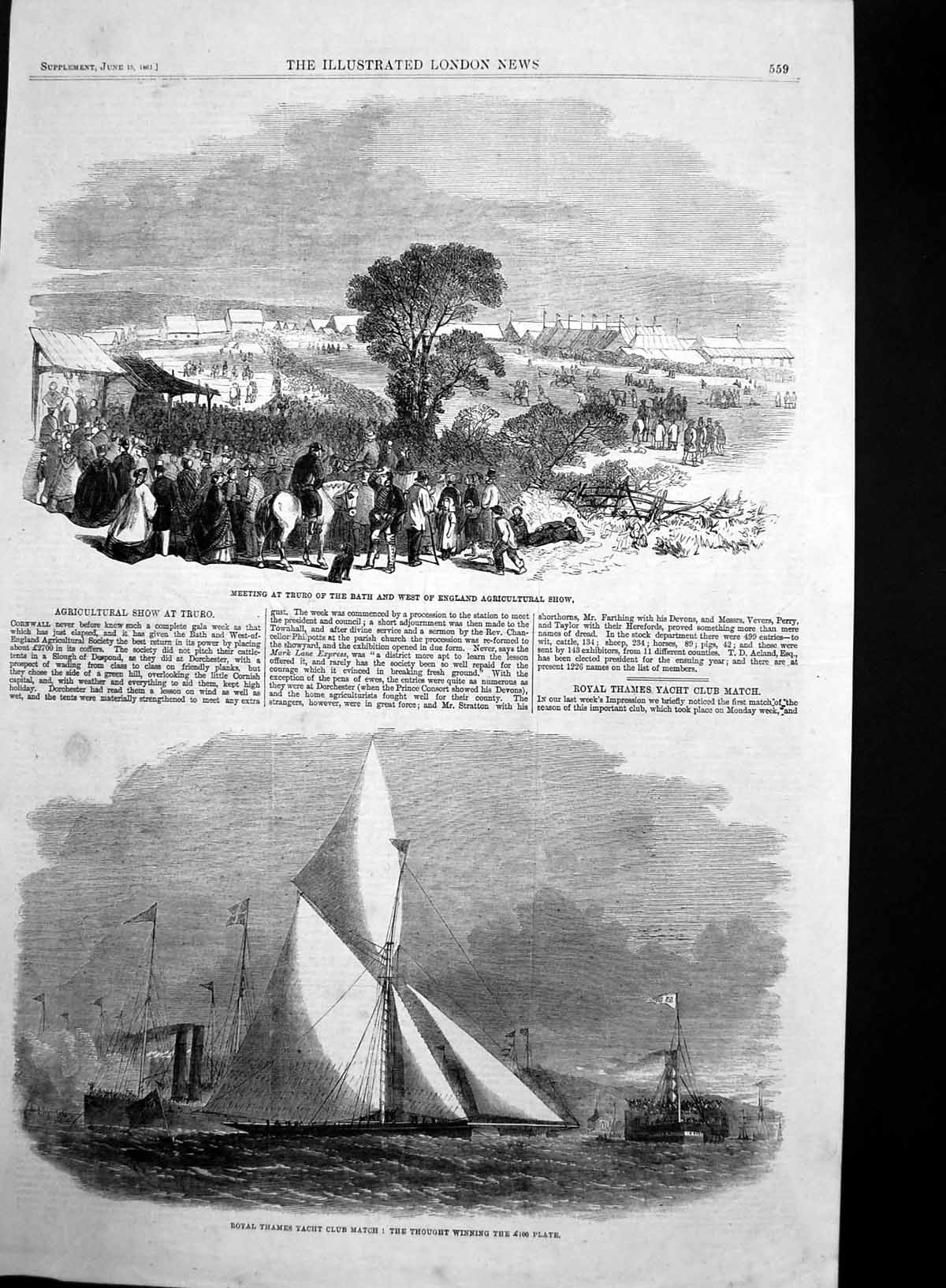 Antique Old Print Truro Agricultural Show Yacht Thought Winning Match 1861 19th