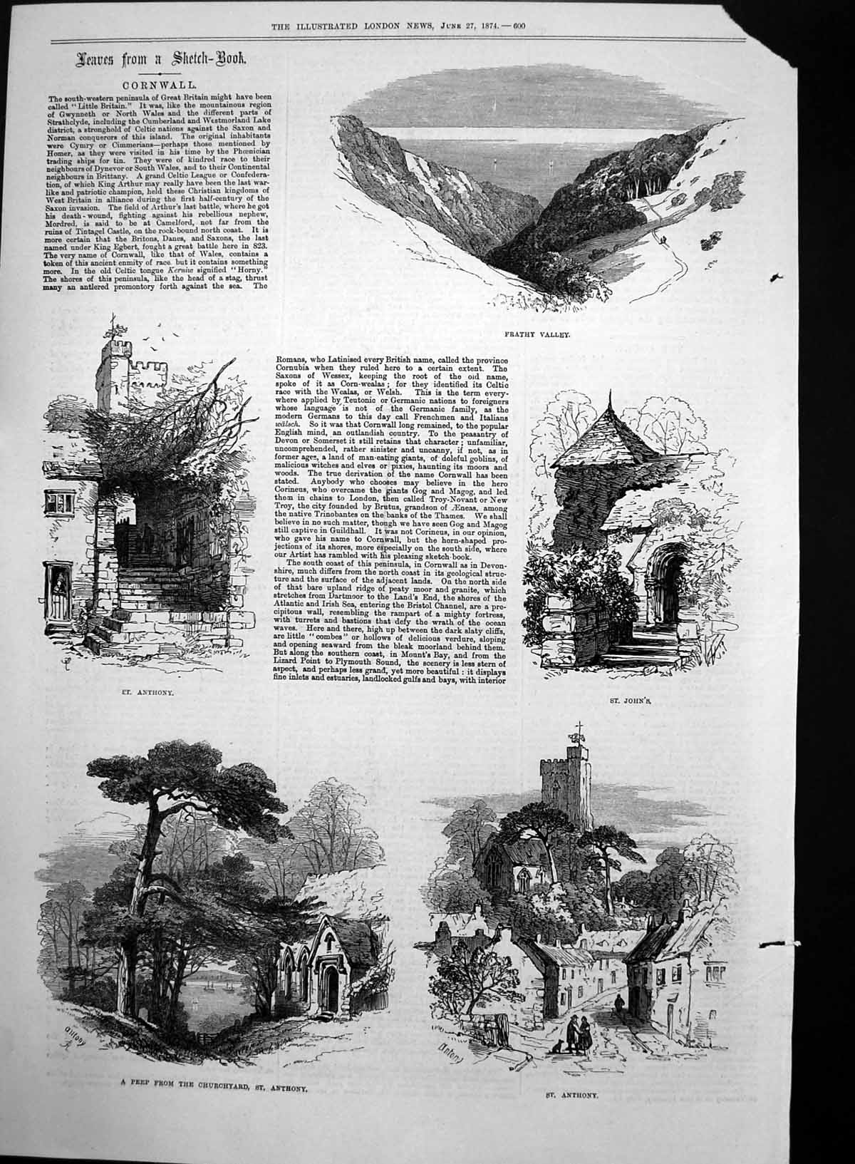 Antique Old Print Cornwall St Anthony Churchyard St Johns Frathy Valley1874