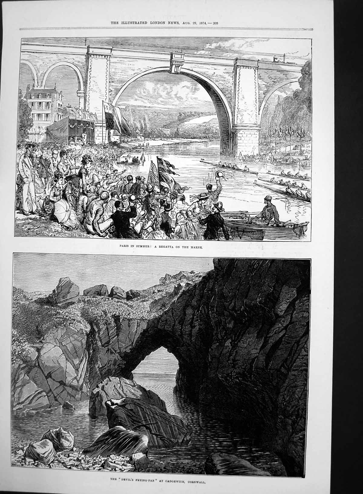 Old Antique Print Devils Frying Pan Cadgewith Cornwall Paris Regatta 1874 19th