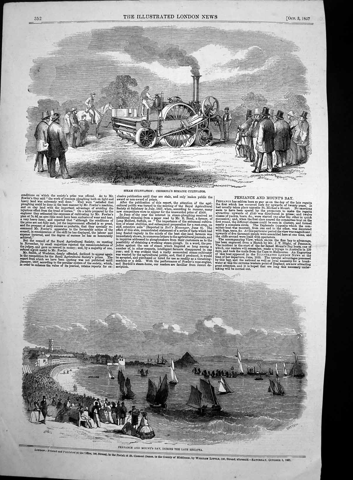 Original Old Antique Print Crosskills Romaine Cultivator Penzance Regatta 1857