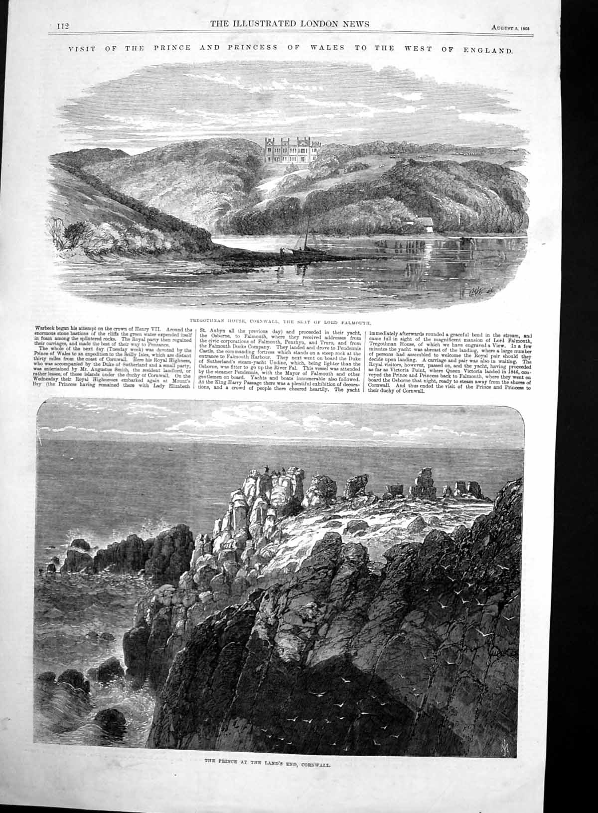 Old Antique Print Prince Wales Lands End Tregothnan House Cornwall 1865 19th