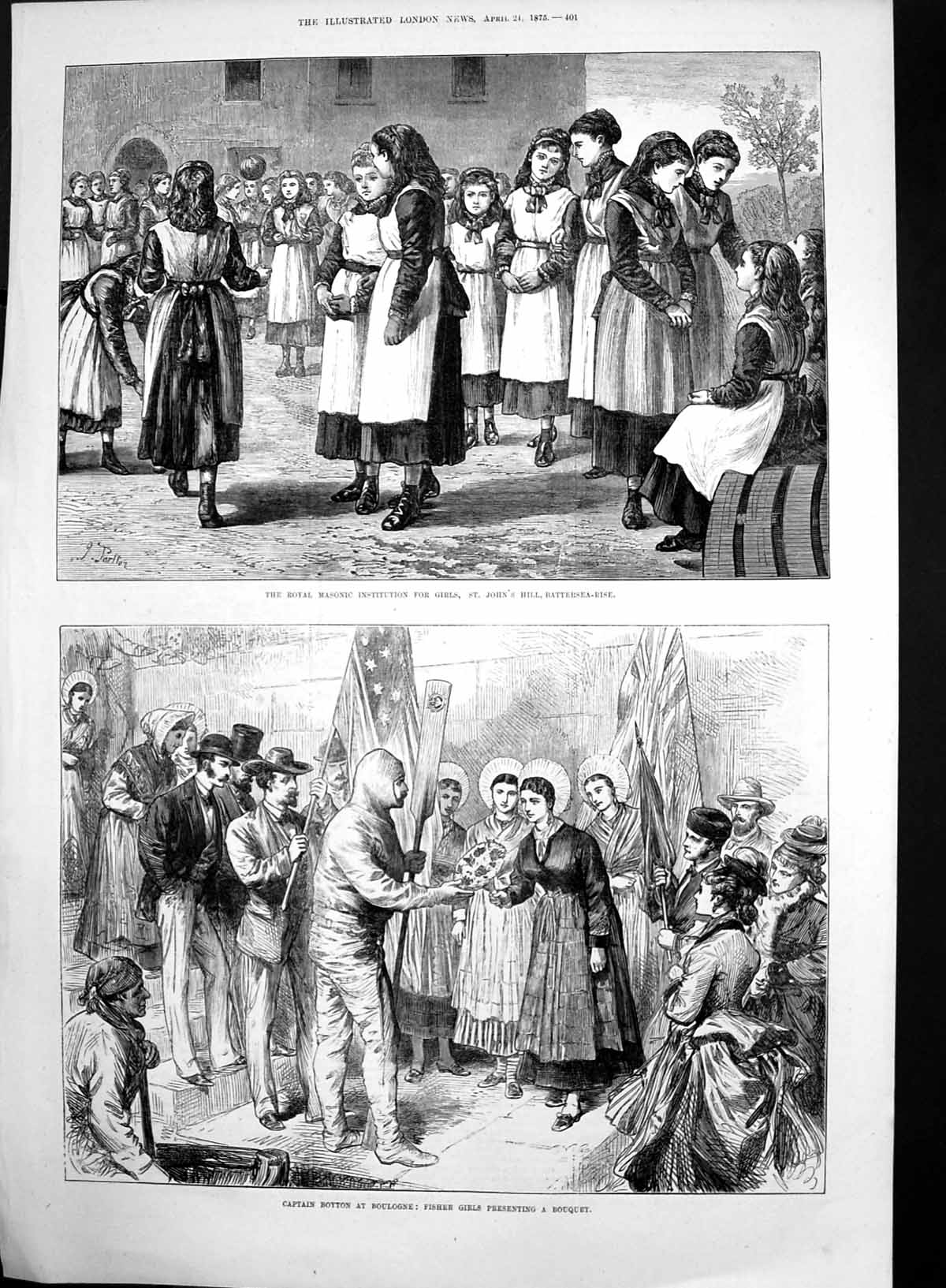 Antique Print Captain Boyton Boulogne Masonic Institute Girls Batterse1875 19th