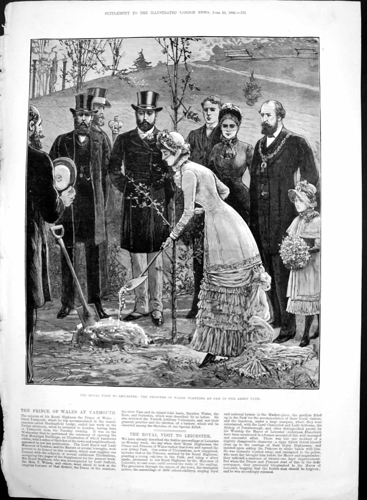 Old Antique Print Princess Wales Planting Oak Abbey Park Leicester 1882 19th