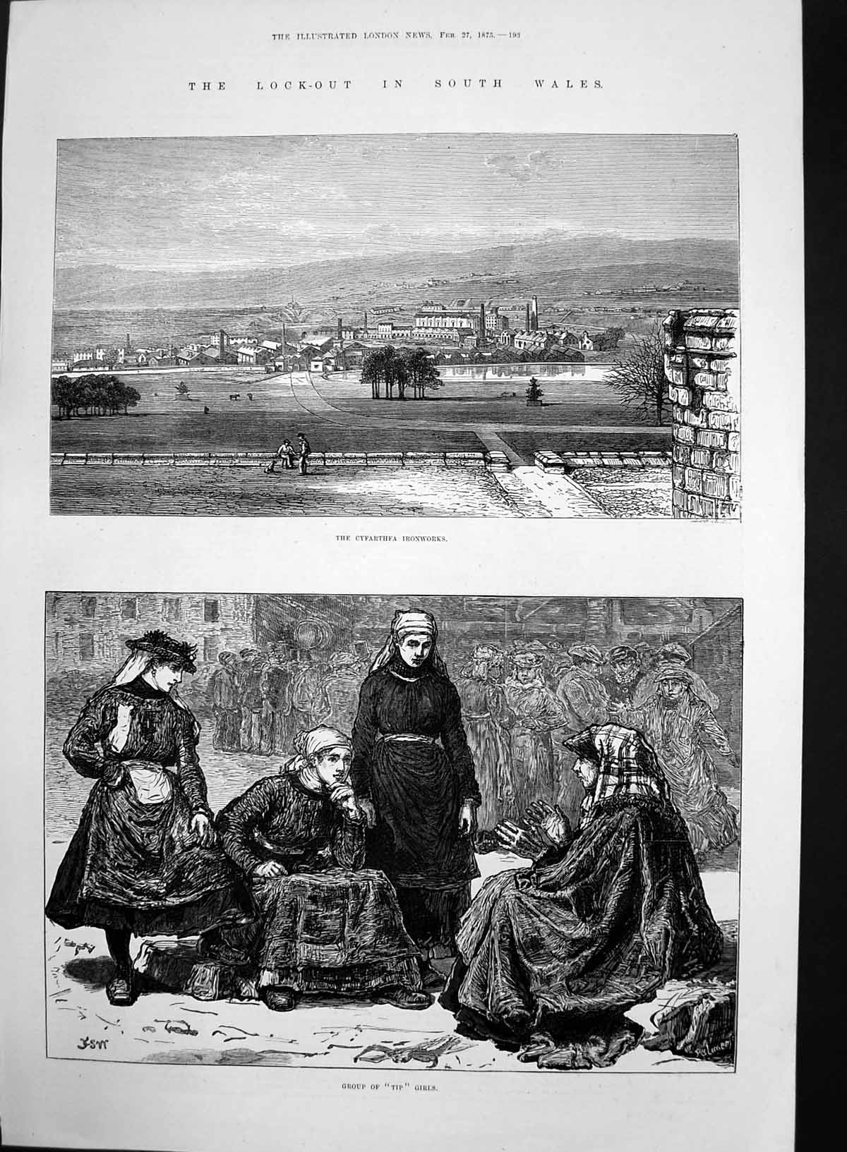 Original Old Antique Print Cyfarthfa Ironworks Wales Group Tip Girls 1875 19th