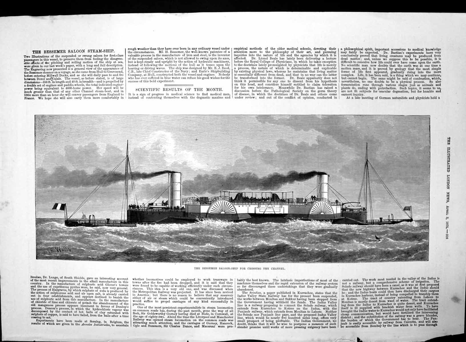 Original Old Antique Print Bessemer Saloon Ship Crossing Channel 1875 Victorian