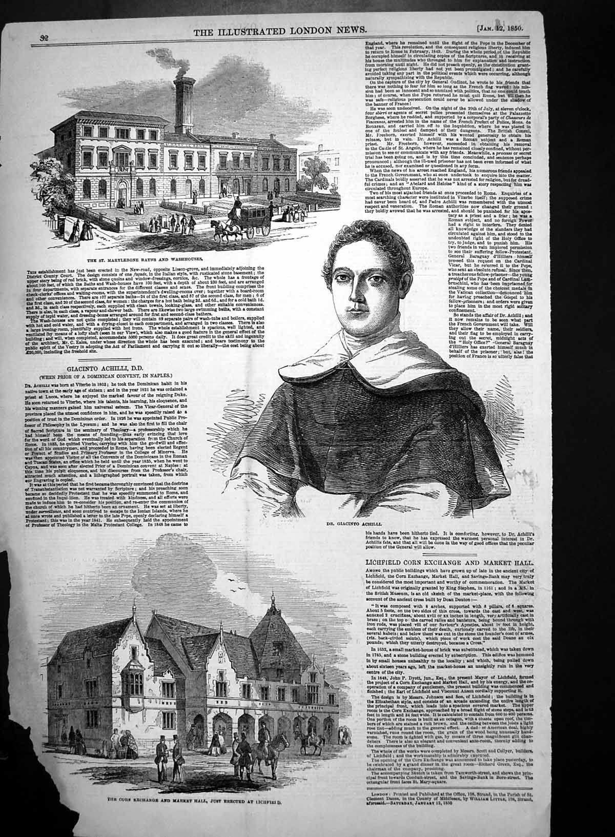 Old Antique Print New Market Hall Lichfield St Marylebone Washhouses 1850 19th