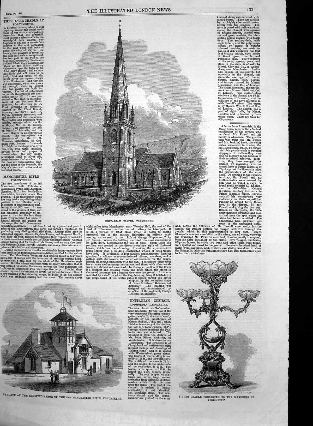 Old Antique Print Unitarian Chapel Todmorden Silver Cradle Pavilion 1869 19th