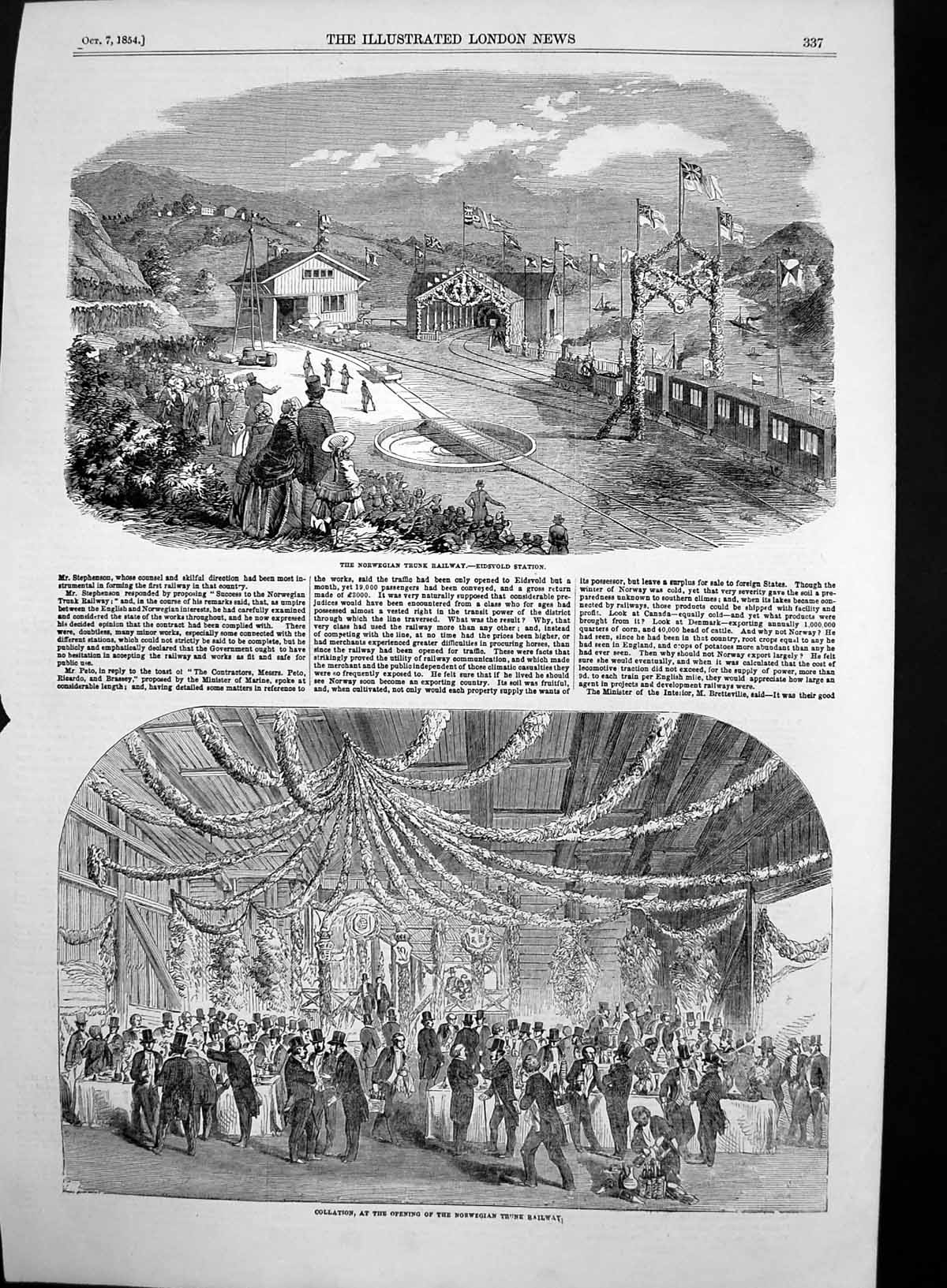 Original Old Antique Print Norwegian Trunk Railway Opening Collation Eidsv1854