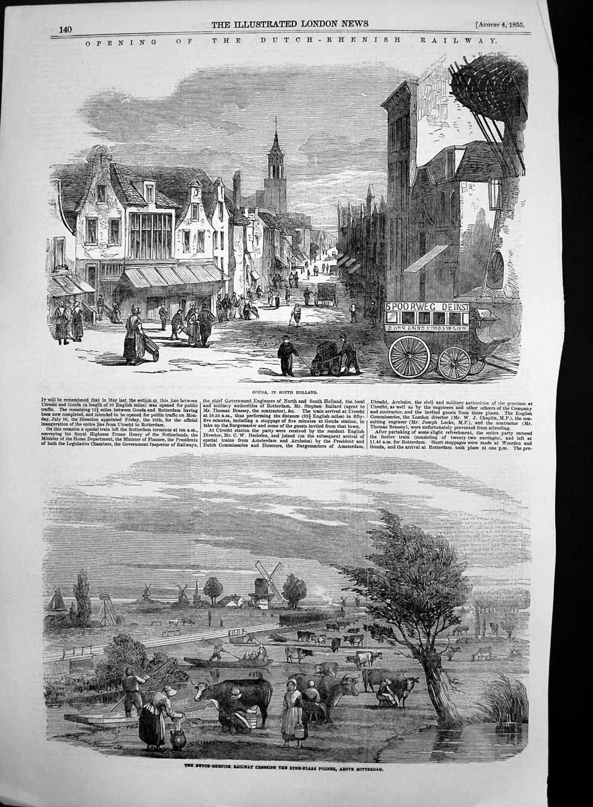 Original Old Antique Print Dutch Rhenish Railway Zyde Plaas Per Gouda 1855 19th