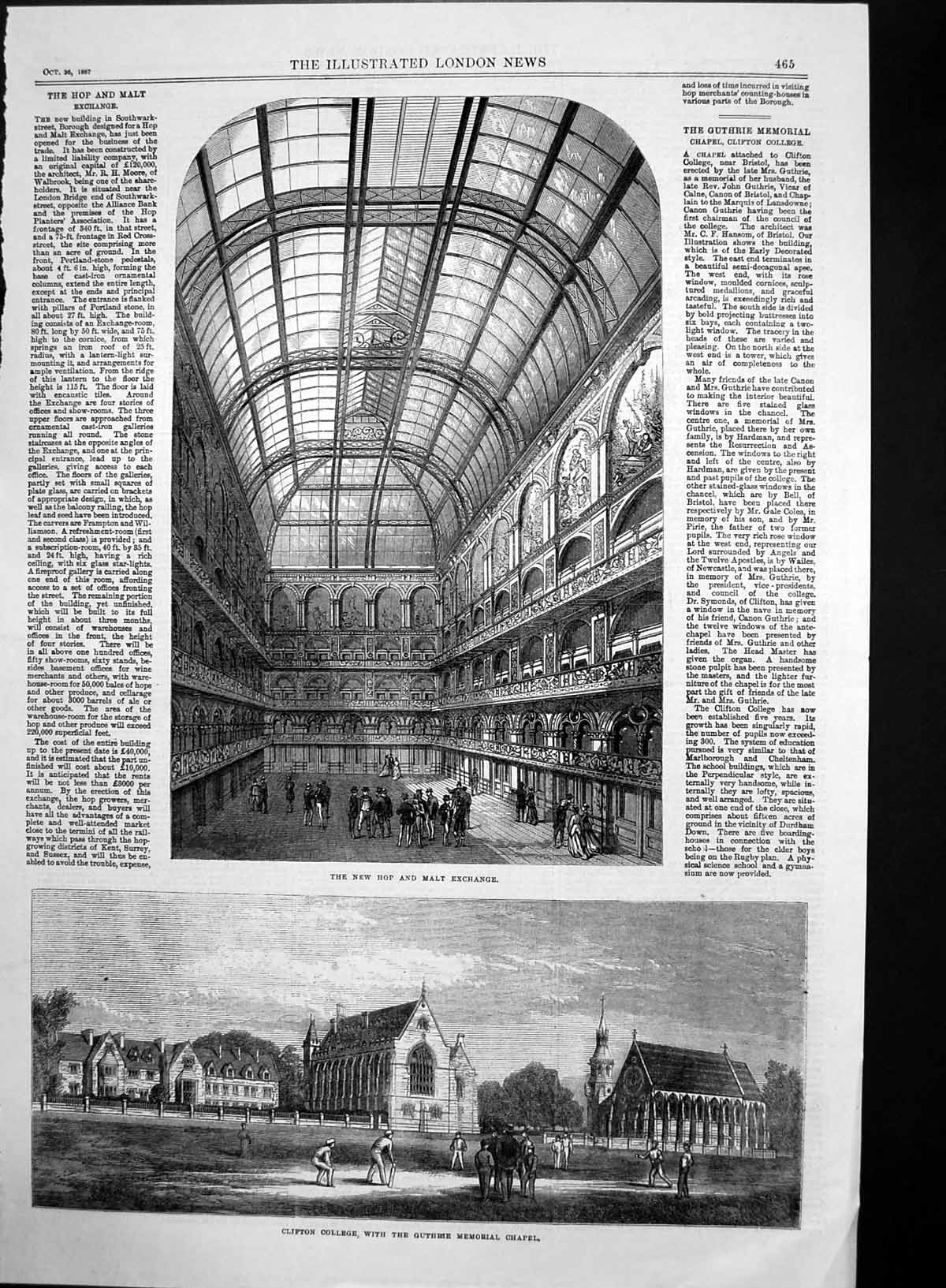 Antique Old Print Hop Malt Exchange Clifton College Guthrie Mem Chapel 1867