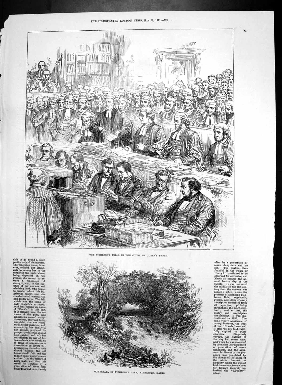 Old Antique Print Tichborne Trial Waterfall Tichborne Park Alresford 1871 19th