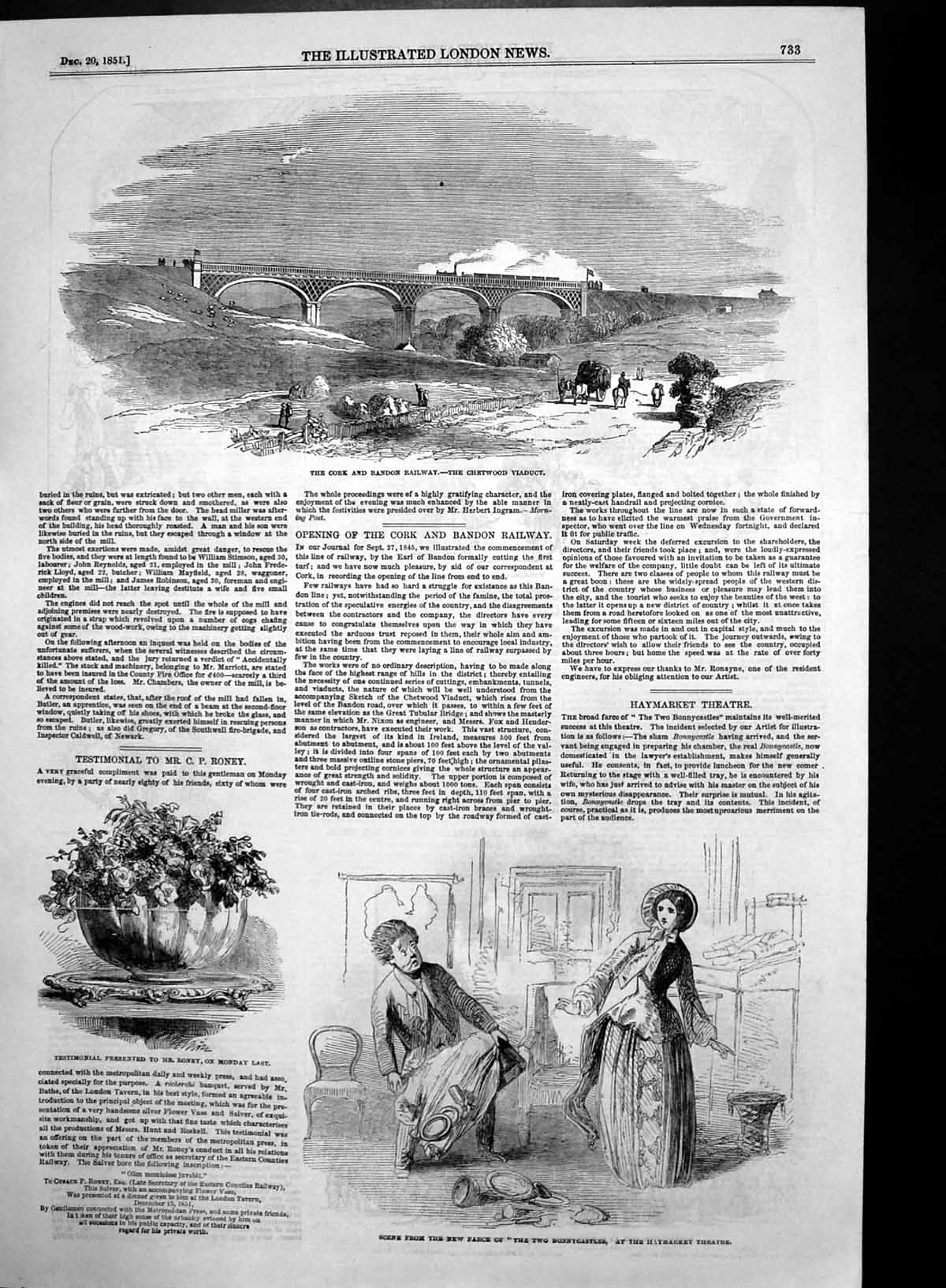 Antique Old Print Two Bonnycastles Haymarket Theatre Chetwood Viaduct 1851 19th