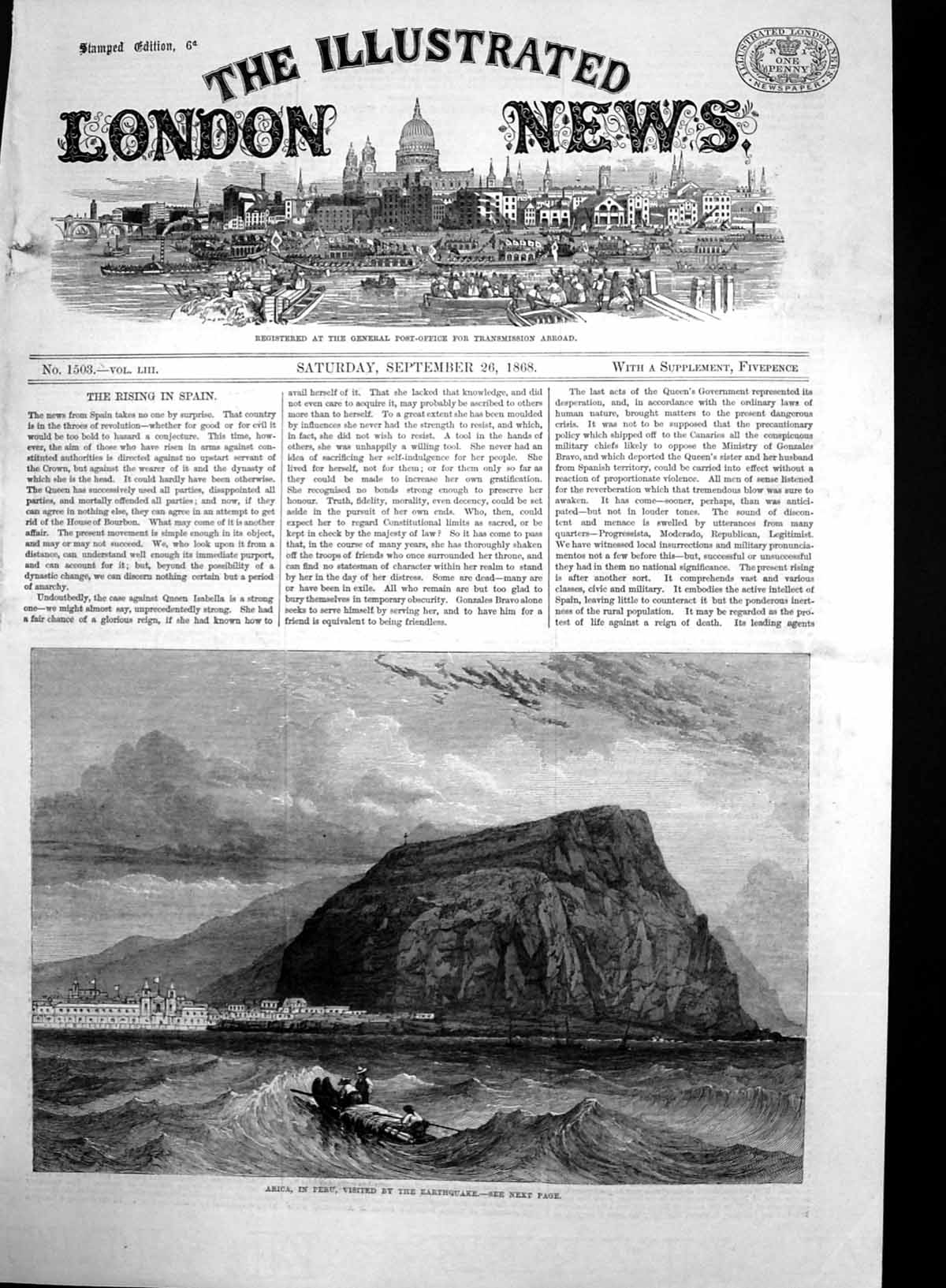 Original Old Antique Print Arica Peru Visited By Dreadful Earthquake 1868 19th