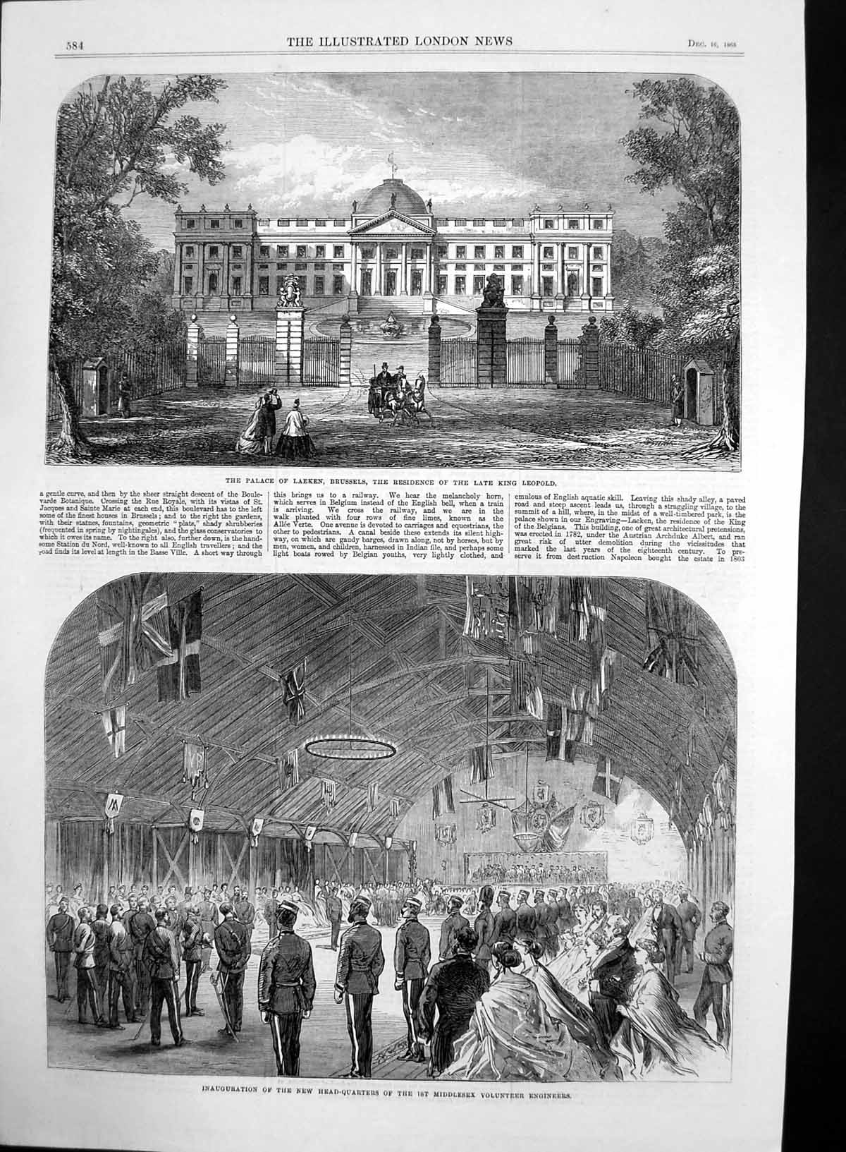 Antique Old Print Palace Laeken Brussels 1St Middlesex Engineers Quarter1865
