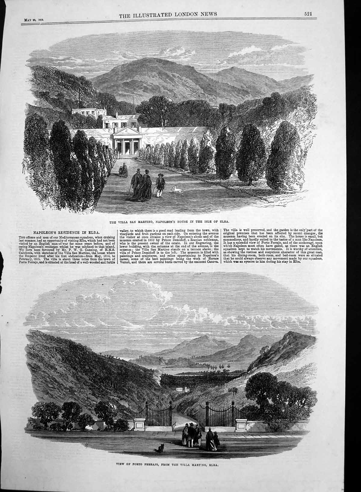 Antique Old Print Villa San Martino Napoleans House Isle Elba Ferrajo 1868 19th