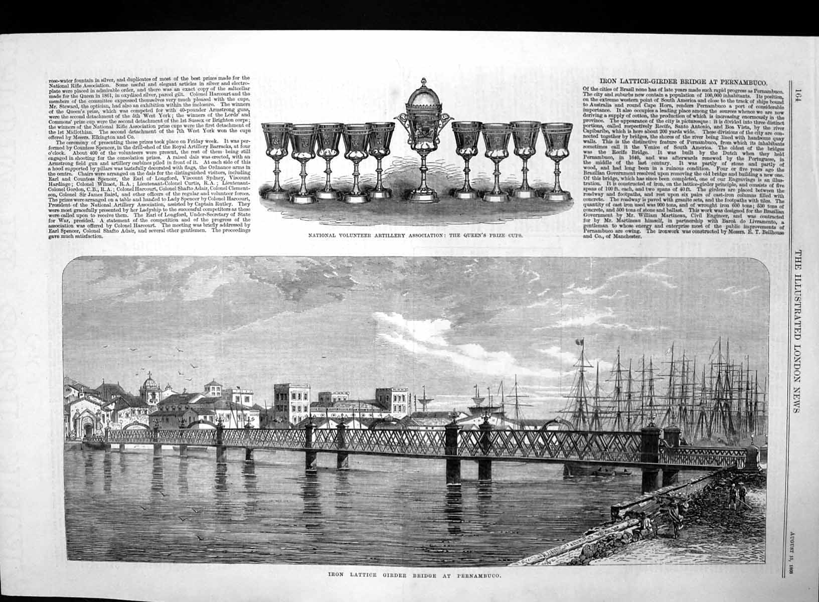 Antique Old Print Volunteer Artillery Assoc Prize Cups Bridge Pernambuco 1868