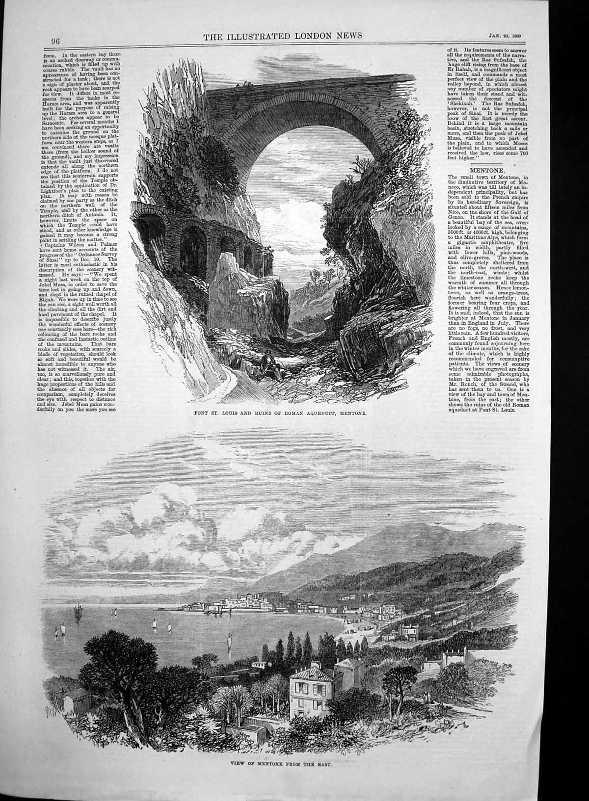 Original Old Antique Print Mentone Pont St Louis Ruins Roman Aqueduct 1869 19th