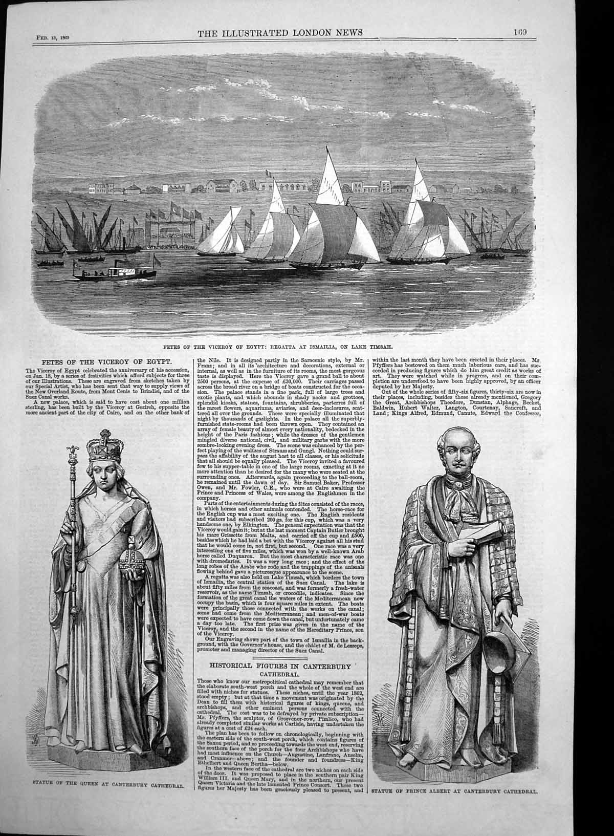 Antique Old Print Regatta Ismailia Statue Queen Prince Albert Canterbury 1869