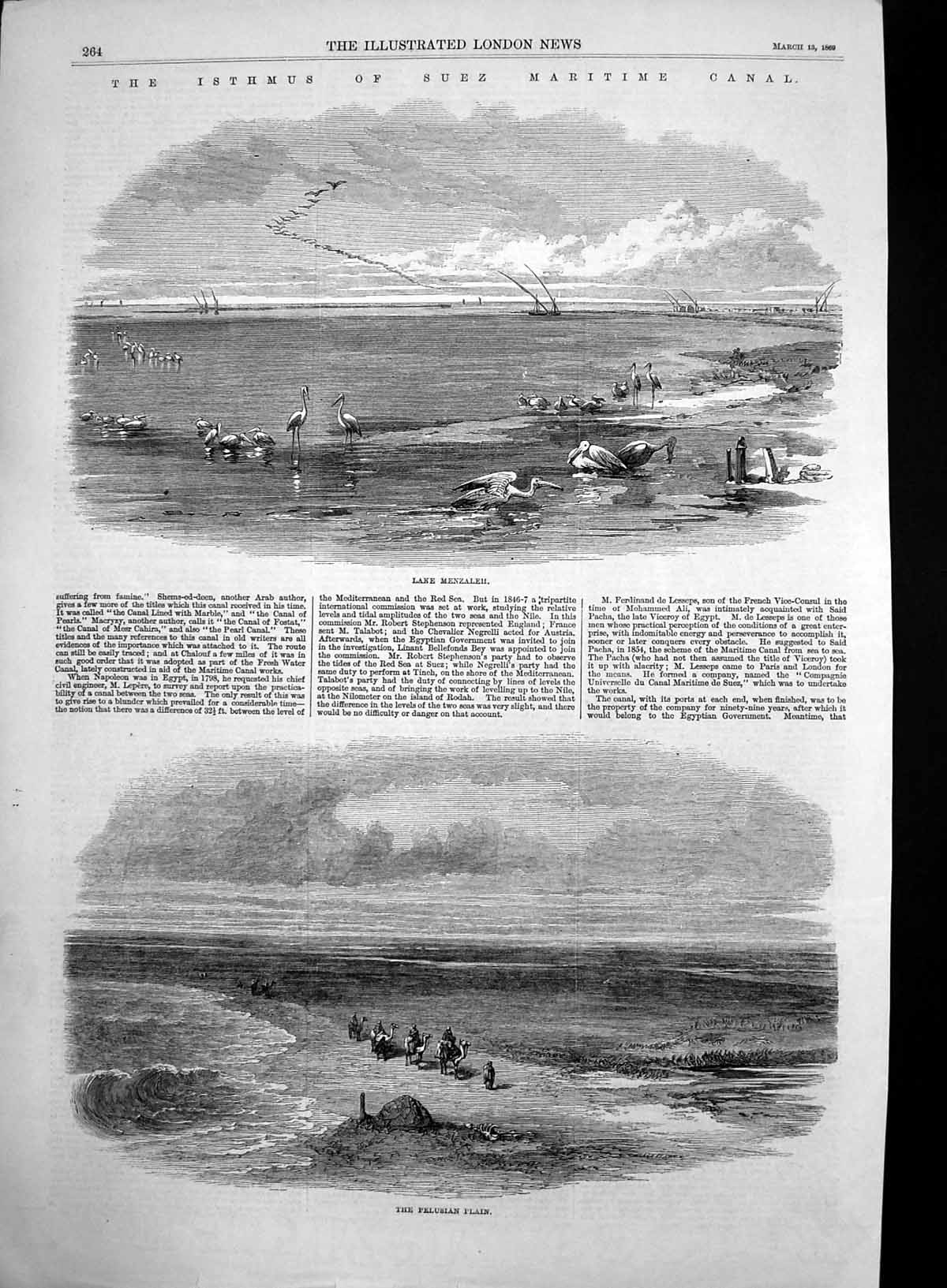 Original Old Antique Print Isthmus Suez Canal Lake Menzaleh Pelusian Plain 1869