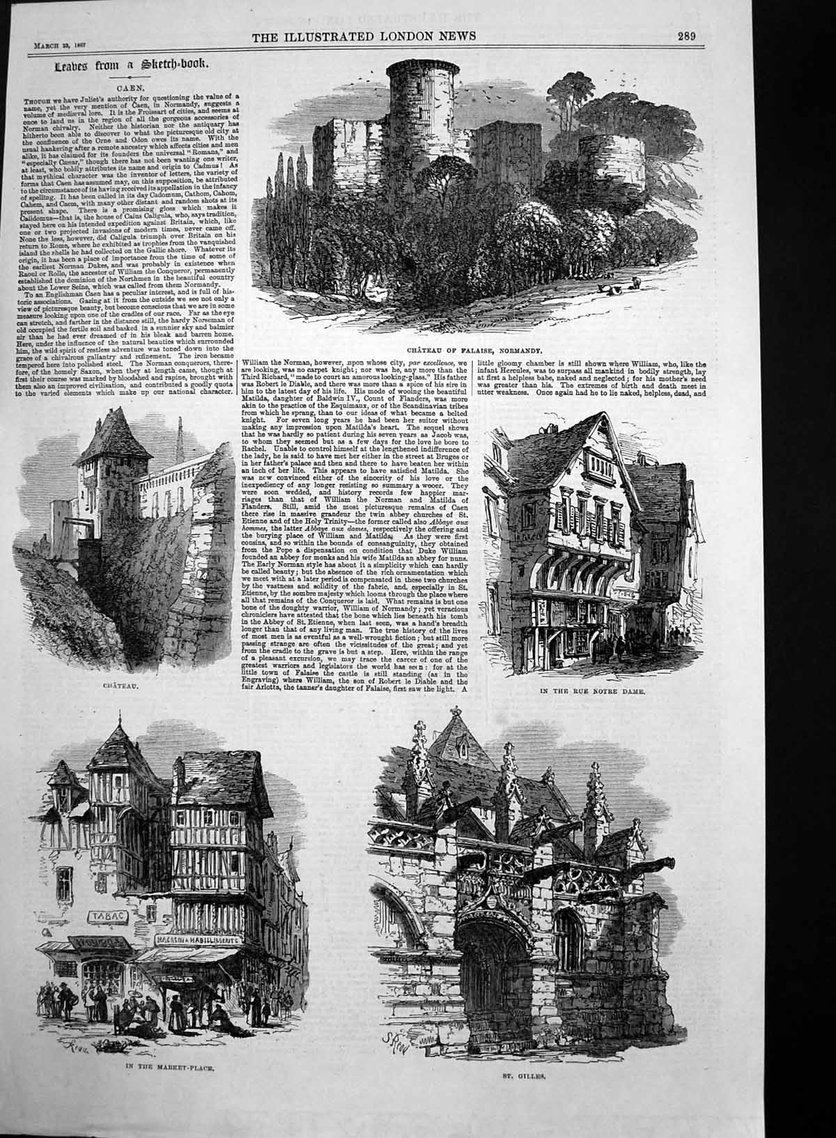 Antique Old Print Caen Normandy Chateau Falaise St Gilles Rue Notre Dame 1867