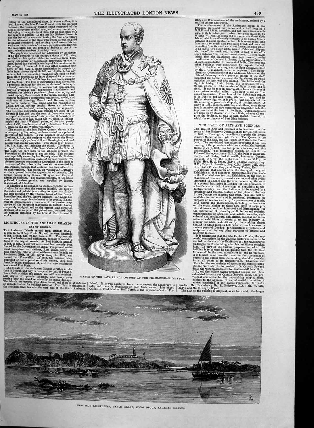 Old Antique Print New Lighthouse Table Island Statue Prince Consort 1867 19th