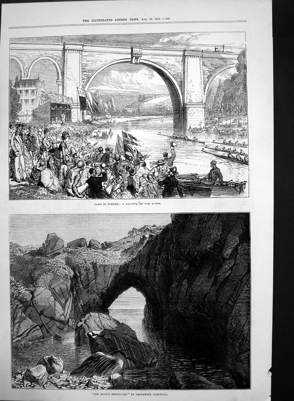 Antique Print Regatta Marne Paris Devils Frying Pan Cadgwith Cornwall 1874 19th