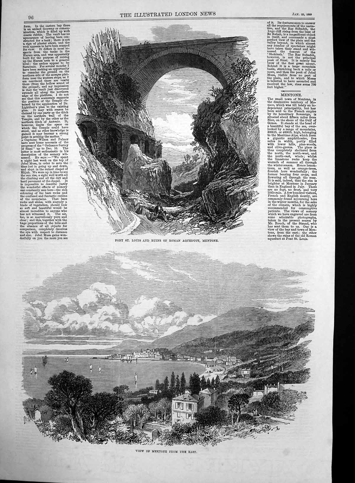Original Old Antique Print Pont St Louis Ruins Roman Aqueduct Mentone 1869 19th