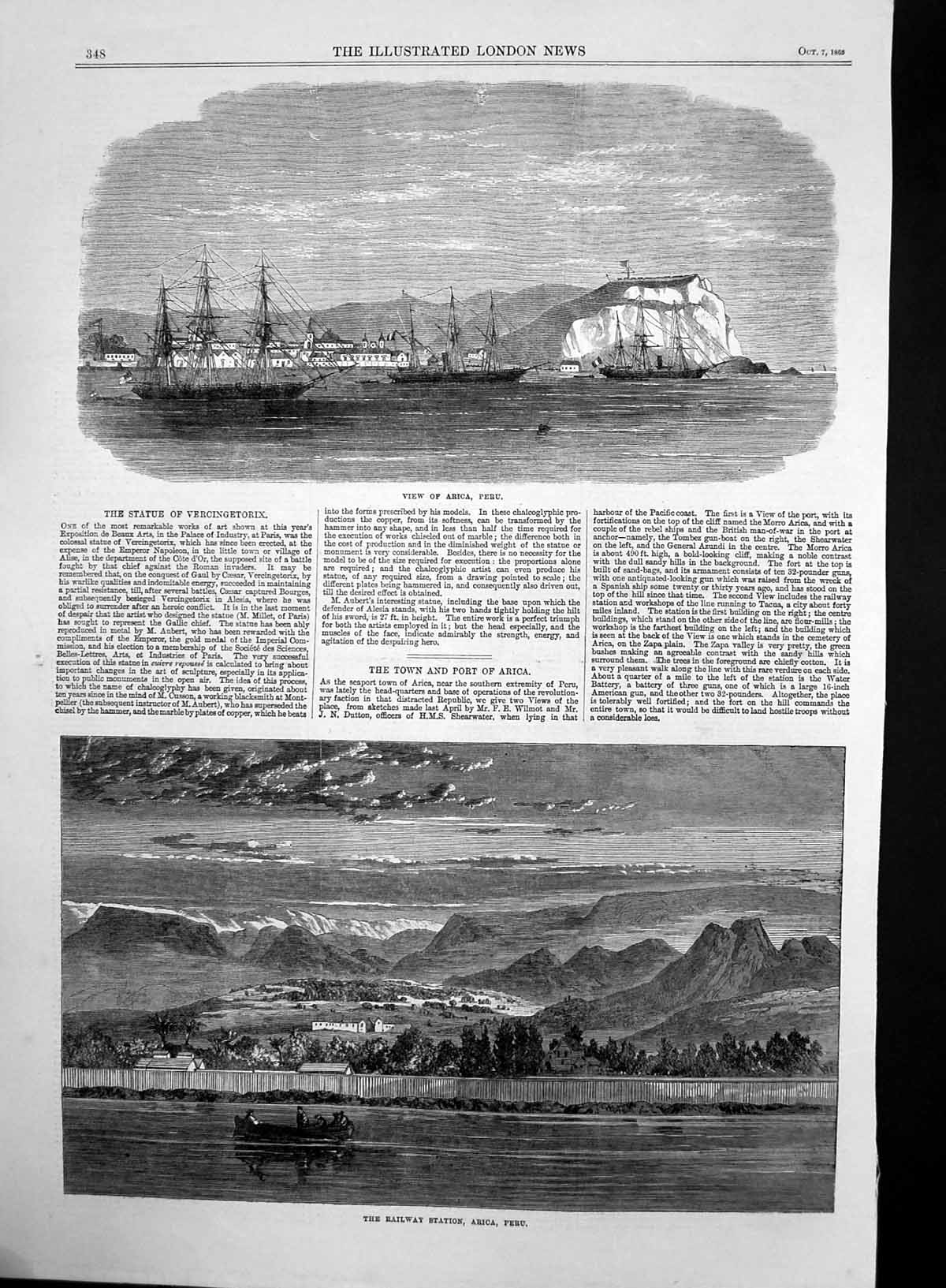 Antique Old Print Railway Station Arica Peru Ships Passing Port Arica 1865 19th