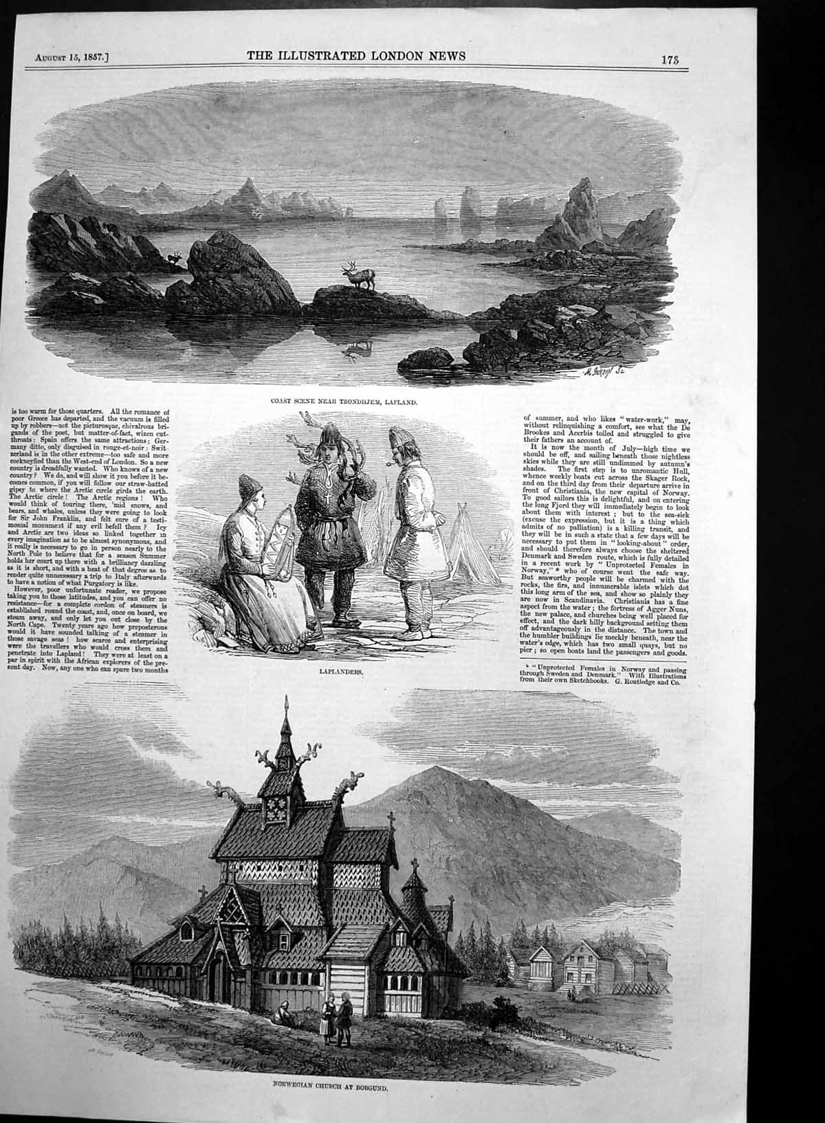 Old Antique Print Norwegian Church Borgund Coast Trondhjem Lapland 1857 19th