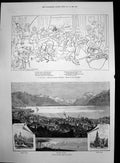 Antique Old Print Vevey Lake Geneva Promenade Du Rivage Russian Church 1885